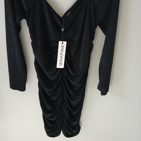 MinkPink Dress Ruched Chaima Mini Dress Black‎ Long Sleeve Size Large NWT - Picture 5 of 8